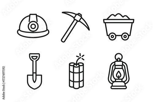 Outline icons of mining tools and equipment: helmet, pickaxe, minecart, shovel, explosives, lantern