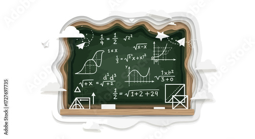 Green chalkboard with mathematical equations and diagrams in white chalk layered paper effect.