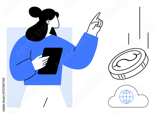 Woman holding tablet, pointing at falling coin toward cloud with global network. Ideal for fintech, e-commerce, investment, blockchain, digital economy, global trade, simple flat metaphor