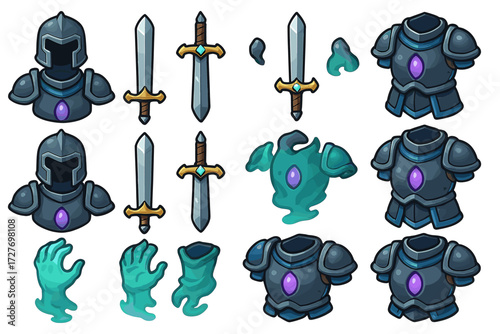 Set of cartoon medieval armor and swords with glowing purple gems