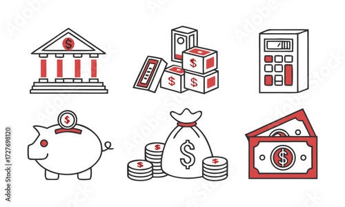 Finance and Banking Line Icons Minimal Flat Vector illustration Set on White, easily editable and scalable.