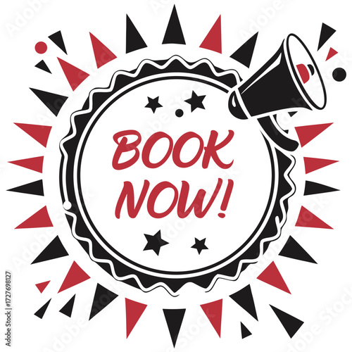 Circular badge with red book and black megaphone vector