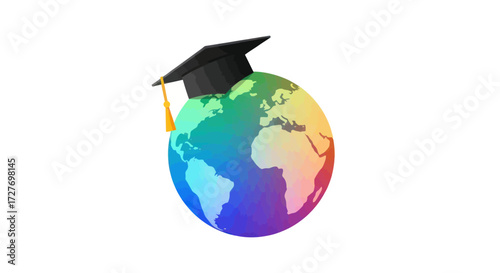 Colorful Globe with Graduation Cap Representing Global Education.