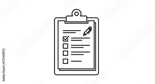 Simple Black Outline Checklist Clipboard with Pen.