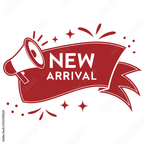 Red ribbon megaphone new arrival announcement vector