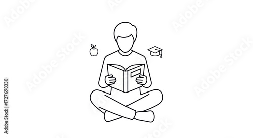 Line art illustration of a person reading a book with apple and graduation cap icons.