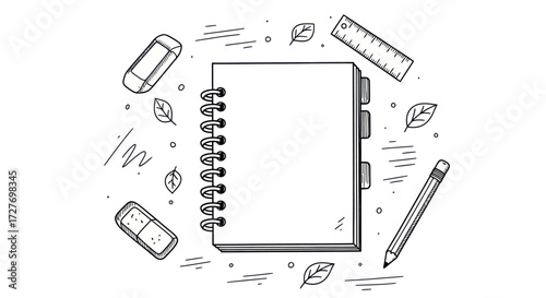 Spiral-bound Notebook with Sketchy Stationery Surroundings.