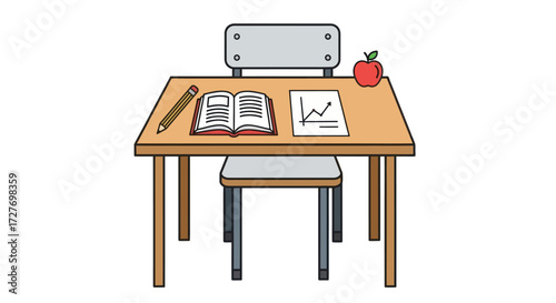 Wooden school desk with open book pencil and apple.