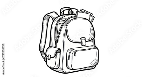 Detailed Sketch of a Fully Packed Backpack with Multiple Pockets and Straps.