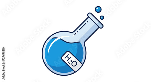 Cartoon laboratory flask with blue H2O liquid and bubbles.