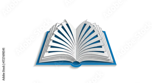 Open blue book with fanned pages symbolizing knowledge and learning.