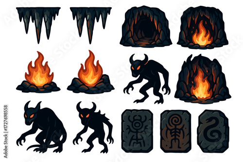 Dark cave creatures and fire elements with stone symbols