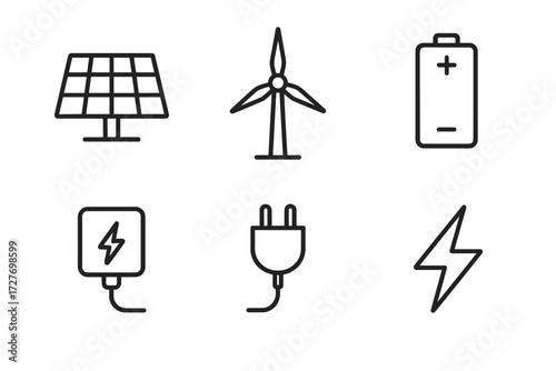 Set of renewable energy icons featuring solar panel, wind turbine, and battery