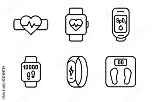Fitness tracker icons: heart rate, steps, spo2, calibration, wearable technology
