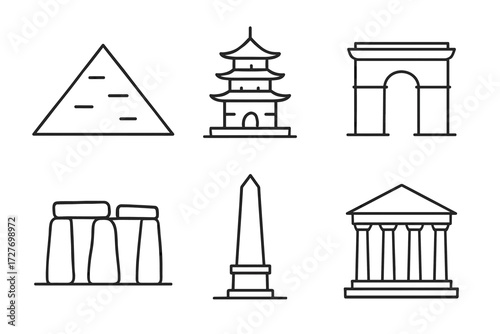 Iconic world landmarks: pyramid, pagoda, arch, stonehenge, obelisk, parthenon