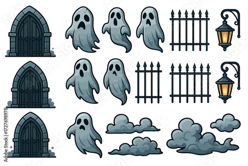 Collection of spooky ghosts with haunted doors, fence, lanterns, and clouds