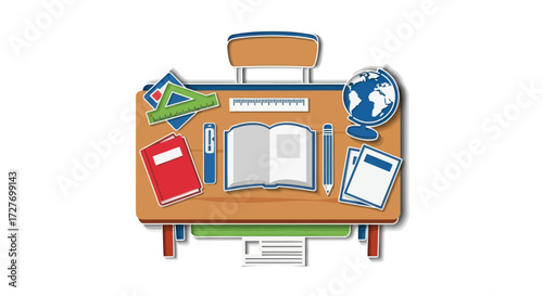 Cartoon Illustration of a School Desk with Supplies.