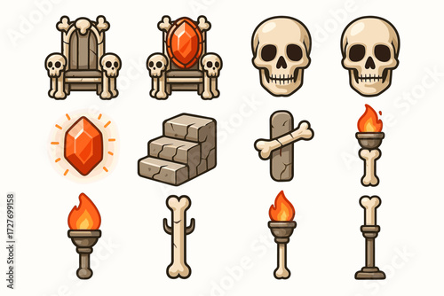 Cartoon medieval icons: throne, skulls, gems, bones, torches