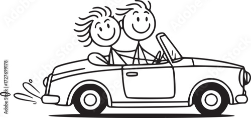 Joyride Cartoon: Two stick figure companions, filled with pure delight, cruise in a classic convertible car. A perfect portrayal of carefree escape and the freedom of the open road. 