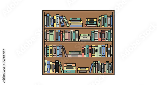 A wooden bookshelf filled with a diverse collection of colorful books.