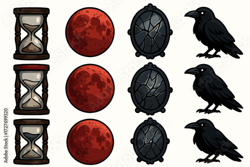 Repeating pattern of hourglasses, moons, mirrors, and ravens on white background
