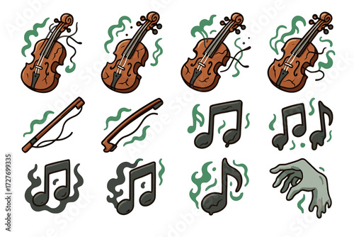 Haunted violins and musical notes with spooky hand in halloween art