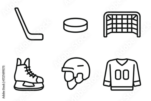 Hockey equipment icons: stick, puck, goal, skates, helmet, jersey