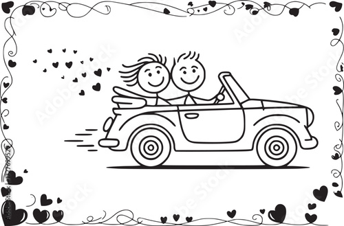 Sweethearts' Getaway: A charming illustration depicts a stick figure couple joyfully cruising in a classic car, hearts trailing behind, representing a shared adventure, and the celebration of love.