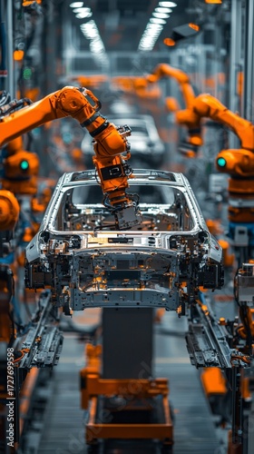 Automated Car Manufacturing: Robotic Arms Assembling Vehicle Chassis on Production Line in Modern Automotive Factory, Industrial Automation and Technology