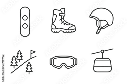 Winter sports gear and equipment line icons: snowboard, boot, helmet, and more