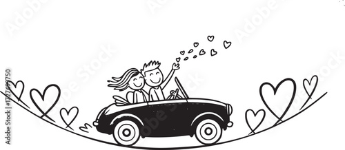 Love's Journey: An animated pair embarks on a romantic road trip, symbolizing togetherness and the beginning of their shared journey. Hearts shower down, adding a touch of whimsical charm. 
