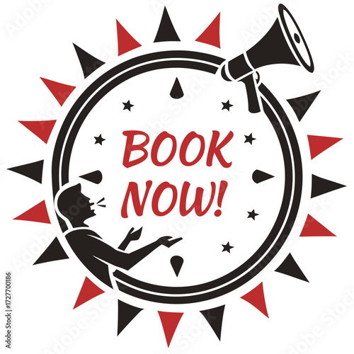 Circular announcement badge with book now text call