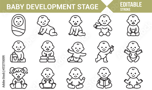 Editable stroke icons of infants and toddlers learning and playing