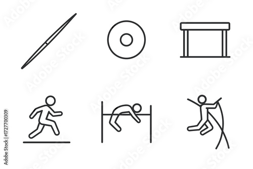 Line icons of track and field sports: javelin, discus, hurdles, running, pole vault