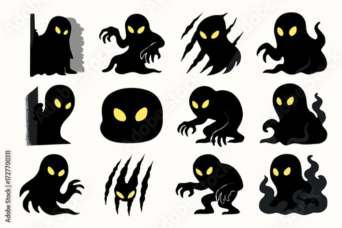 Collection of creepy shadow monsters with glowing eyes and claws