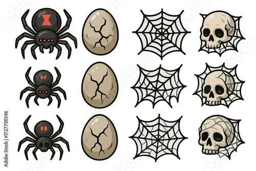 Halloween spider and skull pattern with webs and cracked eggs