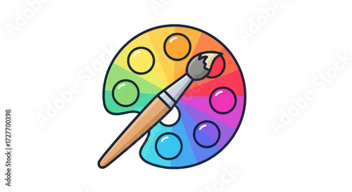 Colorful Artists Paint Palette with Brush and Vibrant Hues.