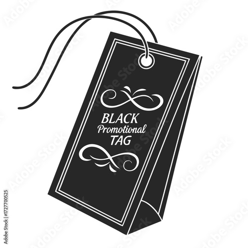 Black tag with white handwritten text and strings promotional