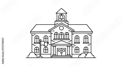Classic School Building with Bell Tower and Flagpole.