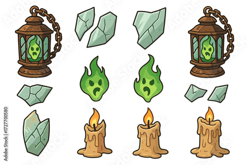 Ghost lanterns and candle flames with shattered glass elements