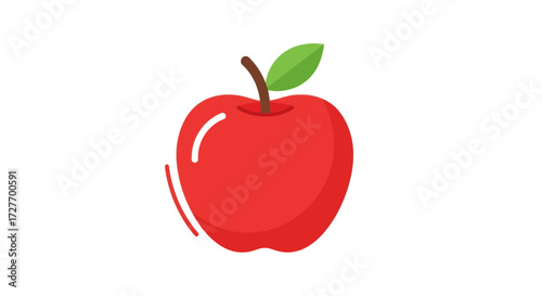 Vibrant Red Apple Illustration with Green Leaf and Stem.