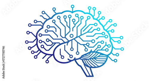 Stylized digital brain with circuit board connections and glowing nodes.