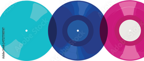 Three translucent vinyl records in different colors cyan, dark blue, and pink, overlapping against a white background