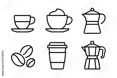 Set of coffee icons featuring cups, moka pots, beans, and to-go cups in simple line art