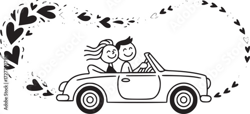 A Couple's Journey of Love: A charming illustration of a happy couple in a convertible car, symbolized by a heart-filled path, embodies romance and shared adventures.