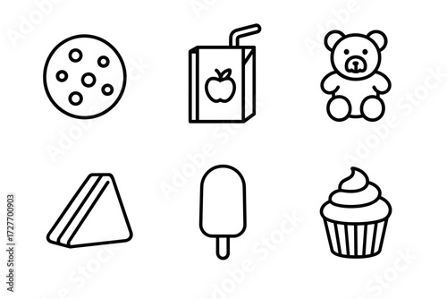 Set of simple food icons: cookie, juice box, teddy bear, sandwich, popsicle, cupcake