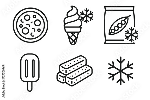 Frozen foods and snacks: ice cream, pizza, peas, fish sticks, popsicle, snowflake icons