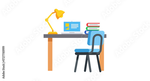 A modern desk setup with a laptop lamp and stack of books.