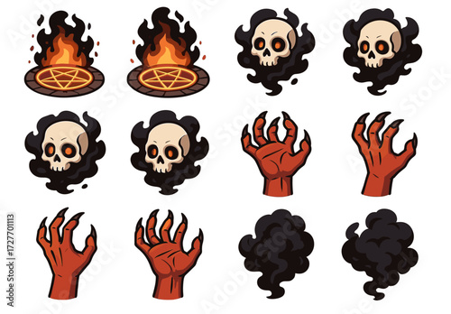 Fiery pentagrams and skulls with claws and smoke illustrations