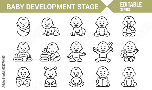 Editable stroke baby development stage icons set of infant growth milestones